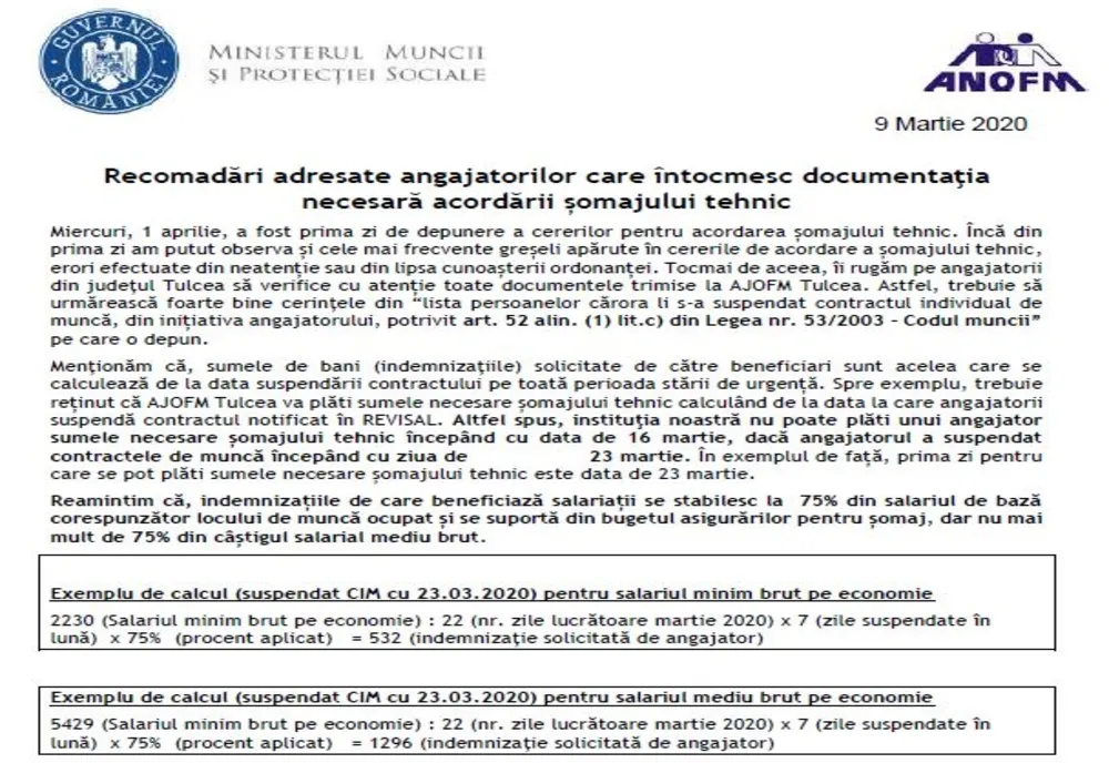 Informaţii utile privind documentaţia necesară acordării șomajului tehnic! 