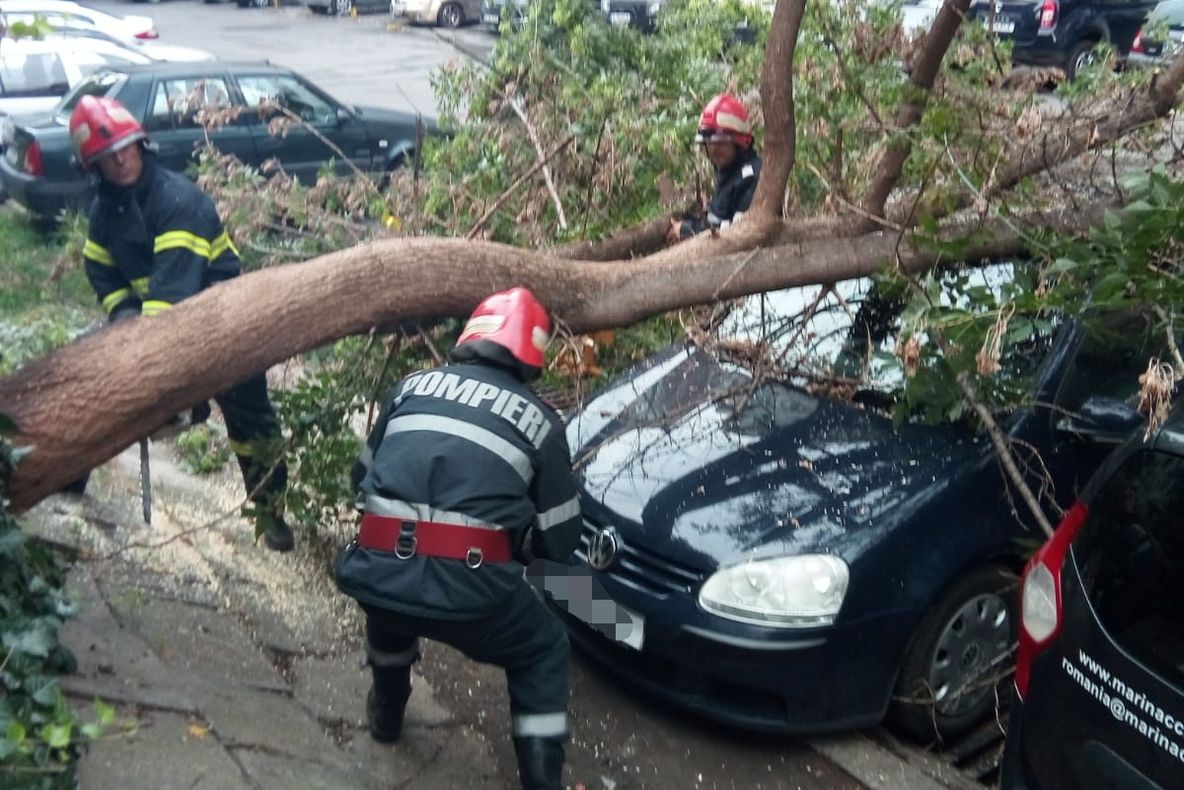 Copac căzut pe o maşină, pe strada Gării