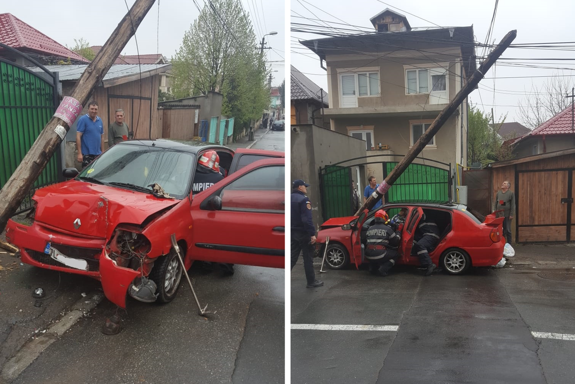 Beat şi cu viteză excesivă a rupt un stâlp în două, pe Mircea Vodă. Șoferul era atât de beat, că nu a putut să sufle în etilotest