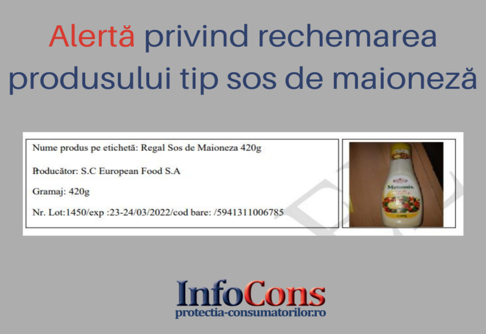 Alertă privind rechemarea produsului de tip sos de maioneză