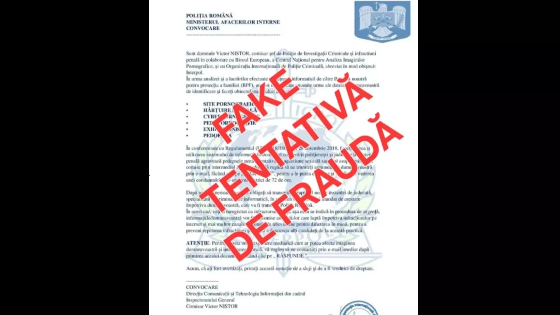 Atenție la noi tentative de fraudă. False convocări cu presupuse infracțiuni circulă în numele Poliției
